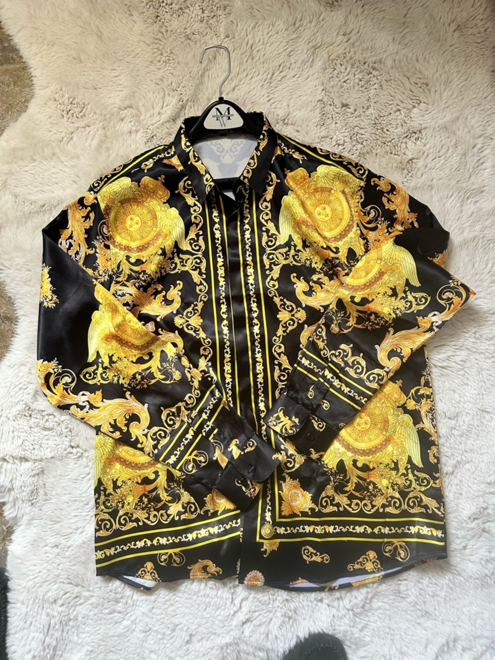 Men's Black Shirt Jacket with Gold Ornamental Print